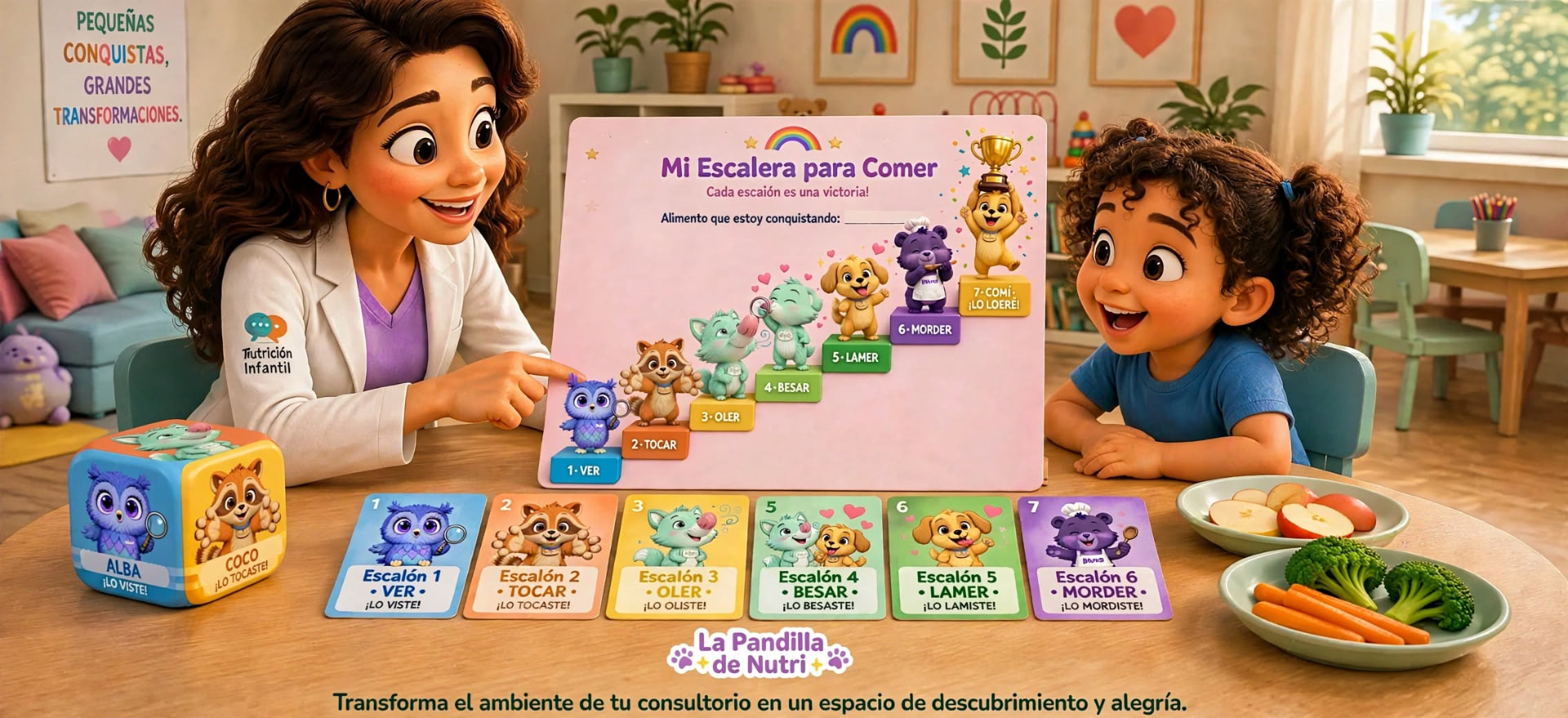 La nutri con la Escalera para Comer y los personajes SentiKids